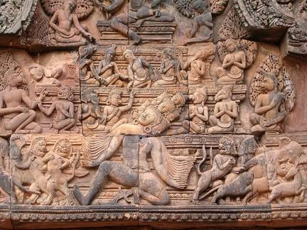 Bas-relief sculpture at the temple Banteay Srei, Angor, Cambodia. 10th century. Sandstone